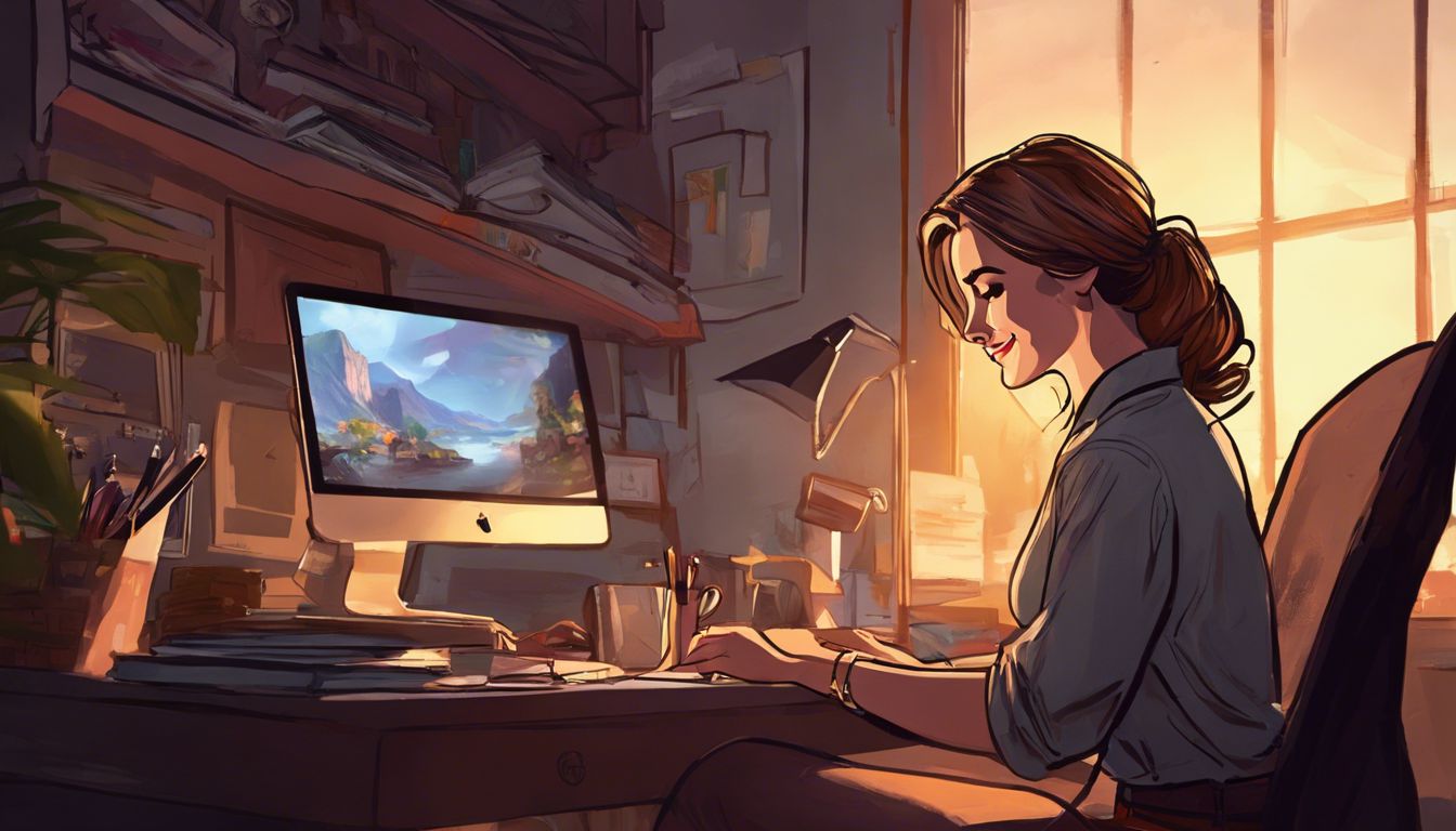 A woman in a cluttered home office looks at mixed online reviews.